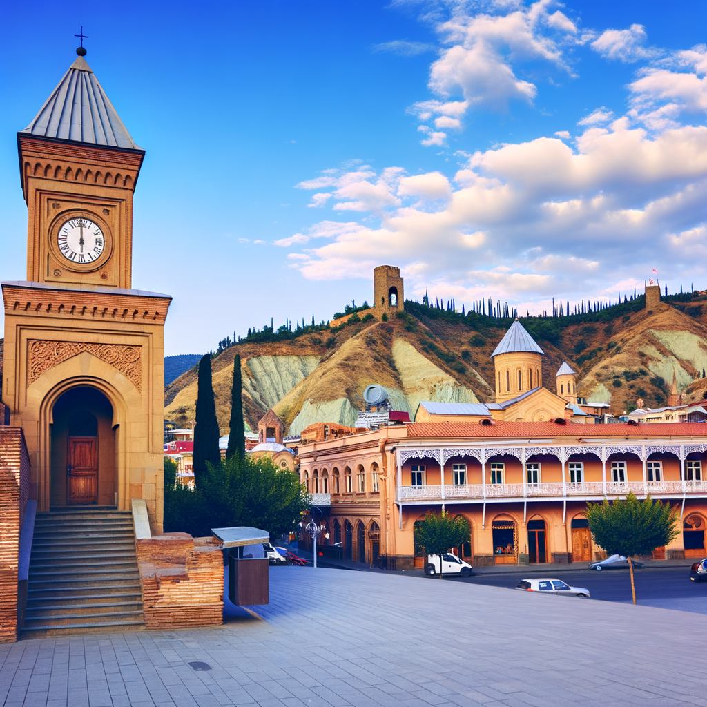 Ornate clock tower and historic building in old Tbilisi