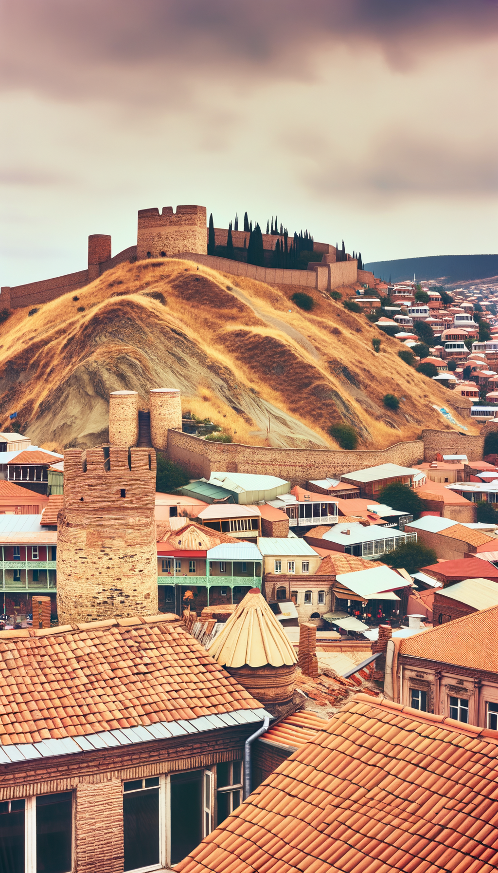 Ancient stone fortress walls on a hill above red-tiled rooftops