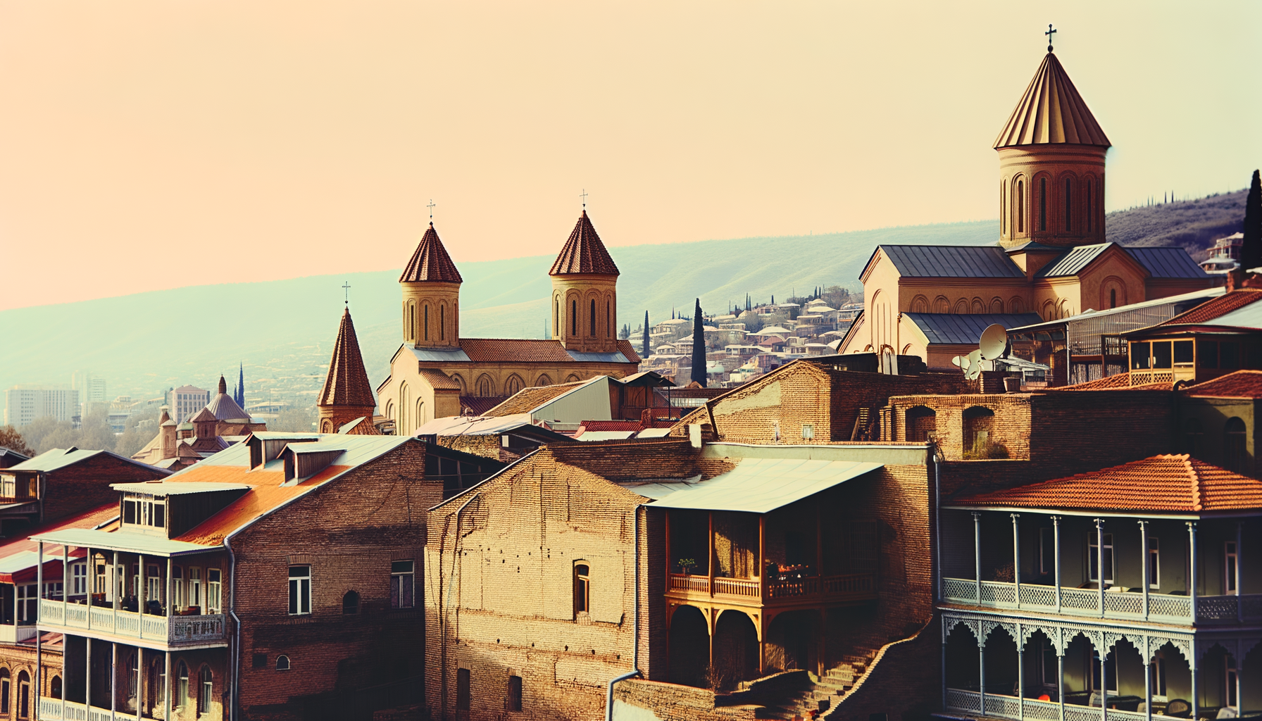 Old Tbilisi church steeples and balconied brick buildings above rooftops