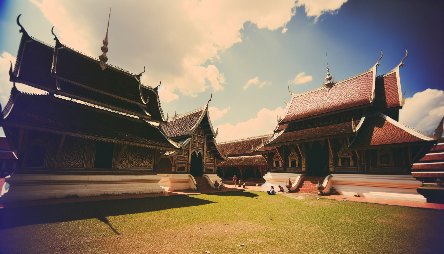 Ornate temple roof details against a bright sky