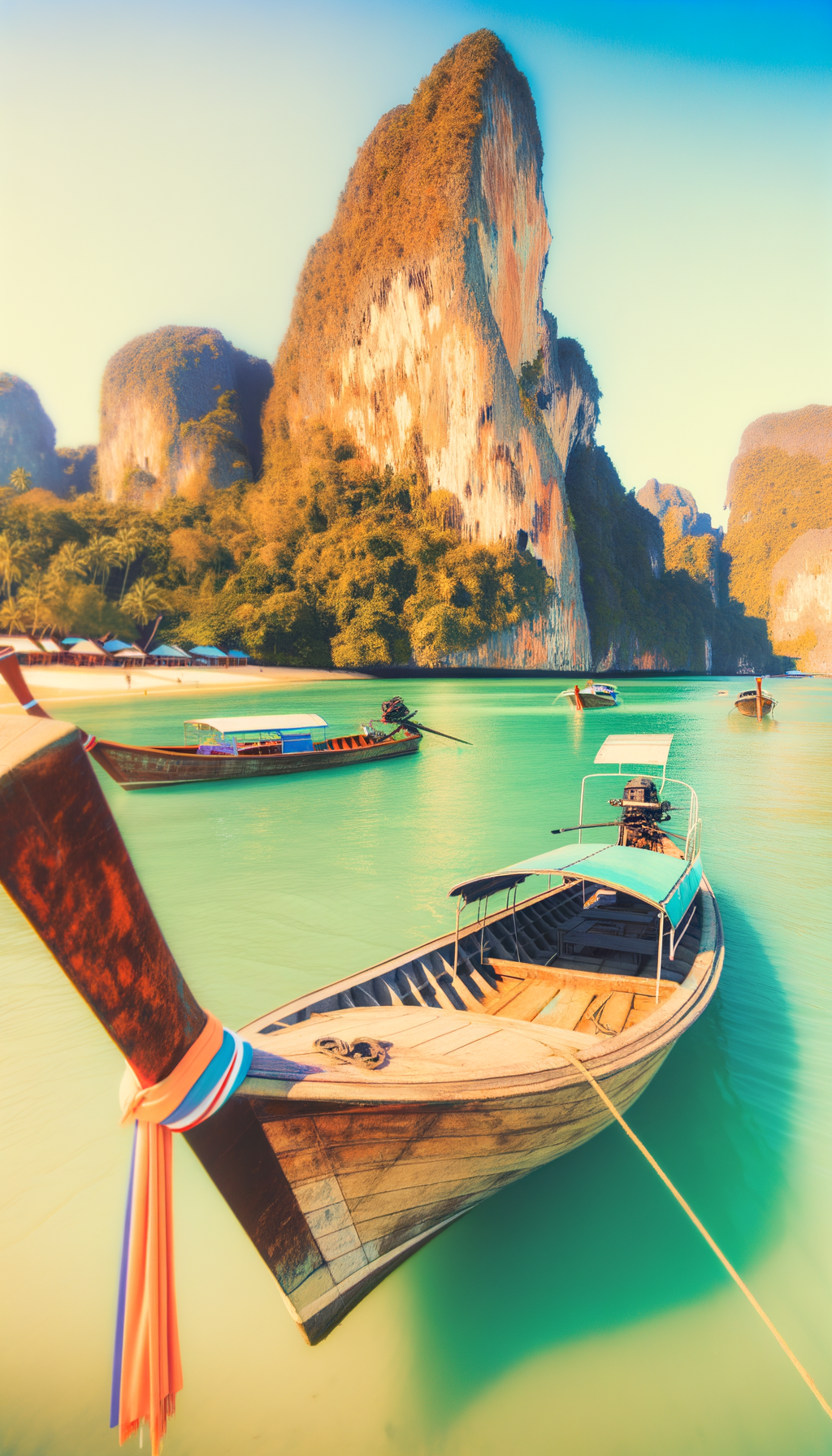 Longtail boats on turquoise water near limestone cliffs