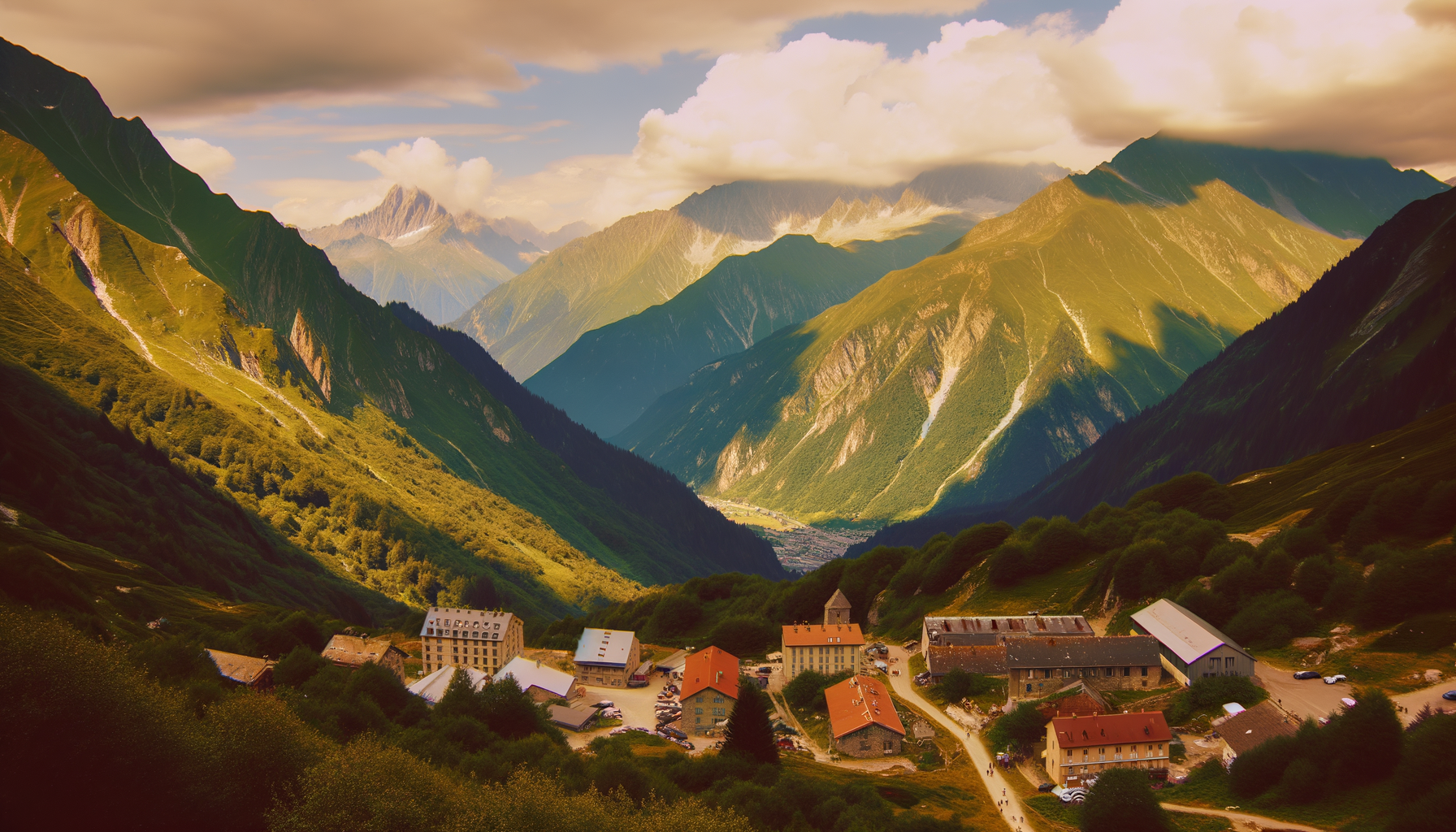 High alpine ridge and green valleys beneath cloud shadows