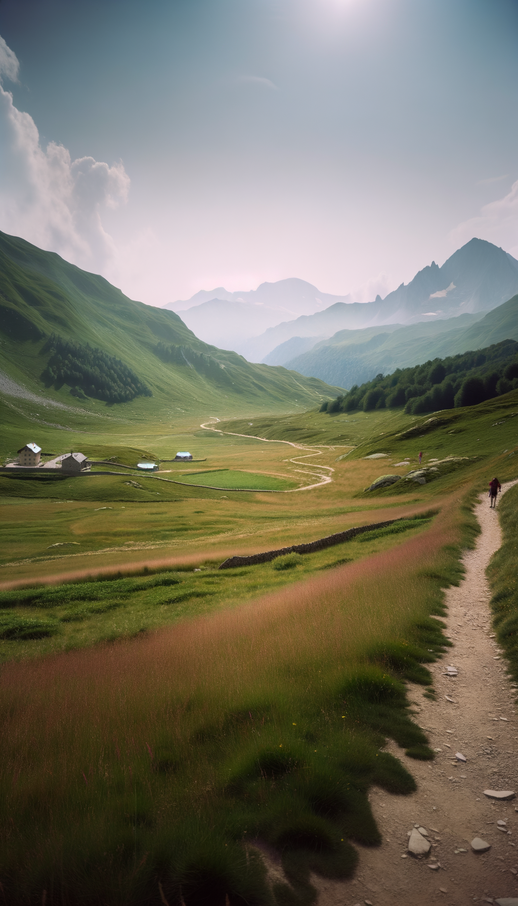 Mountain trail winding through meadows toward distant peaks