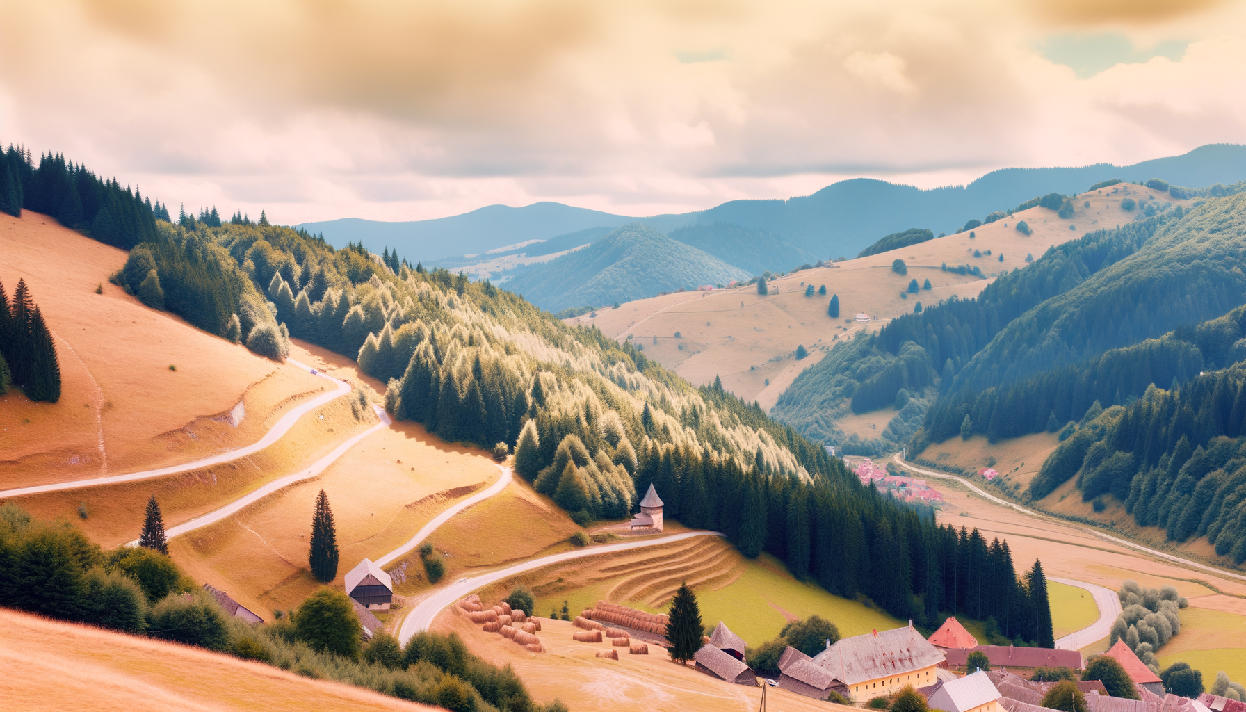 Winding mountain road through forested Carpathian slopes