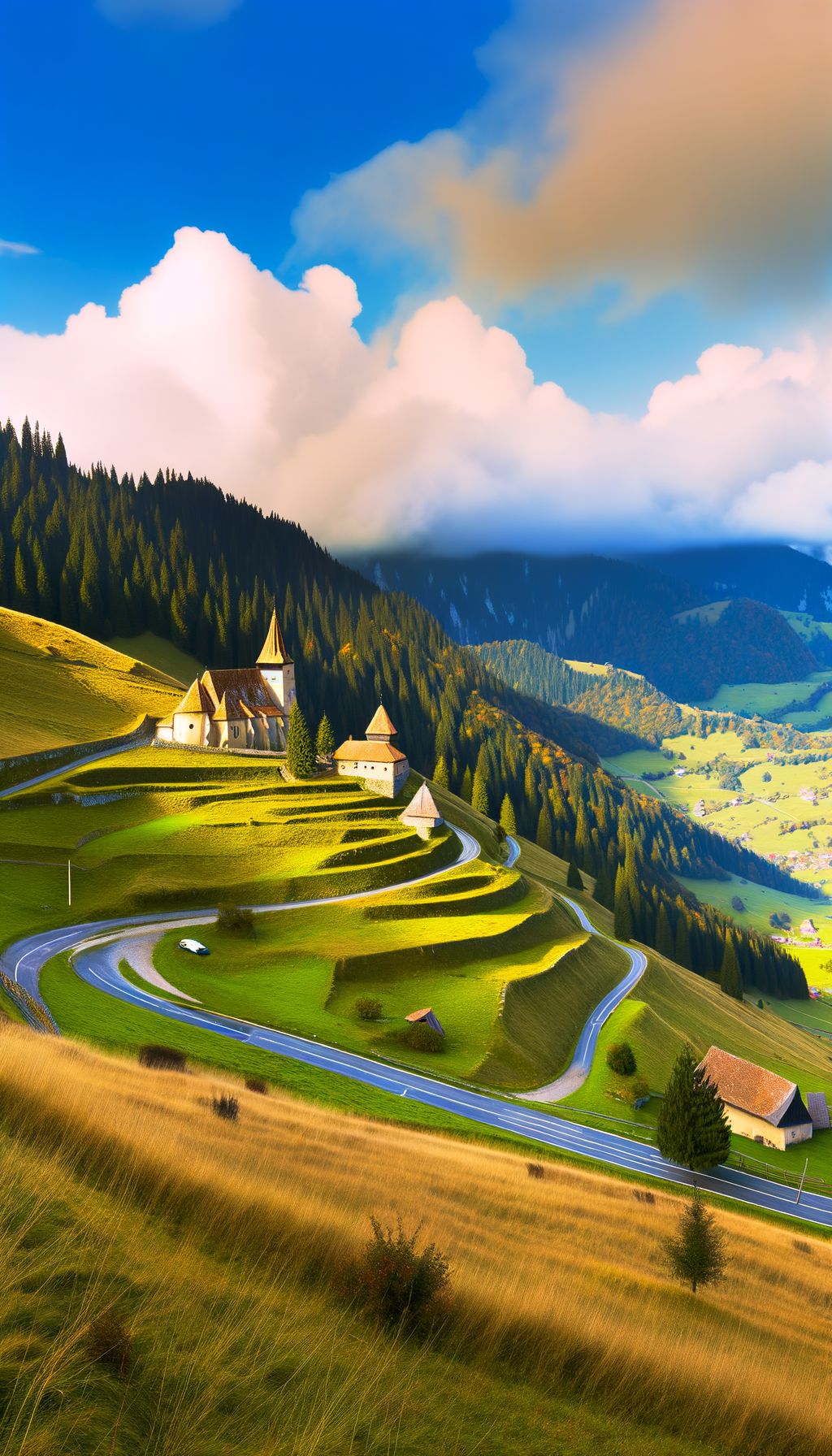 Hairpin road cutting through a mountain valley under clouds