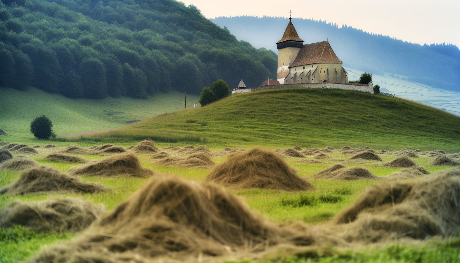 Historic church with steeple on a grassy Transylvanian hill