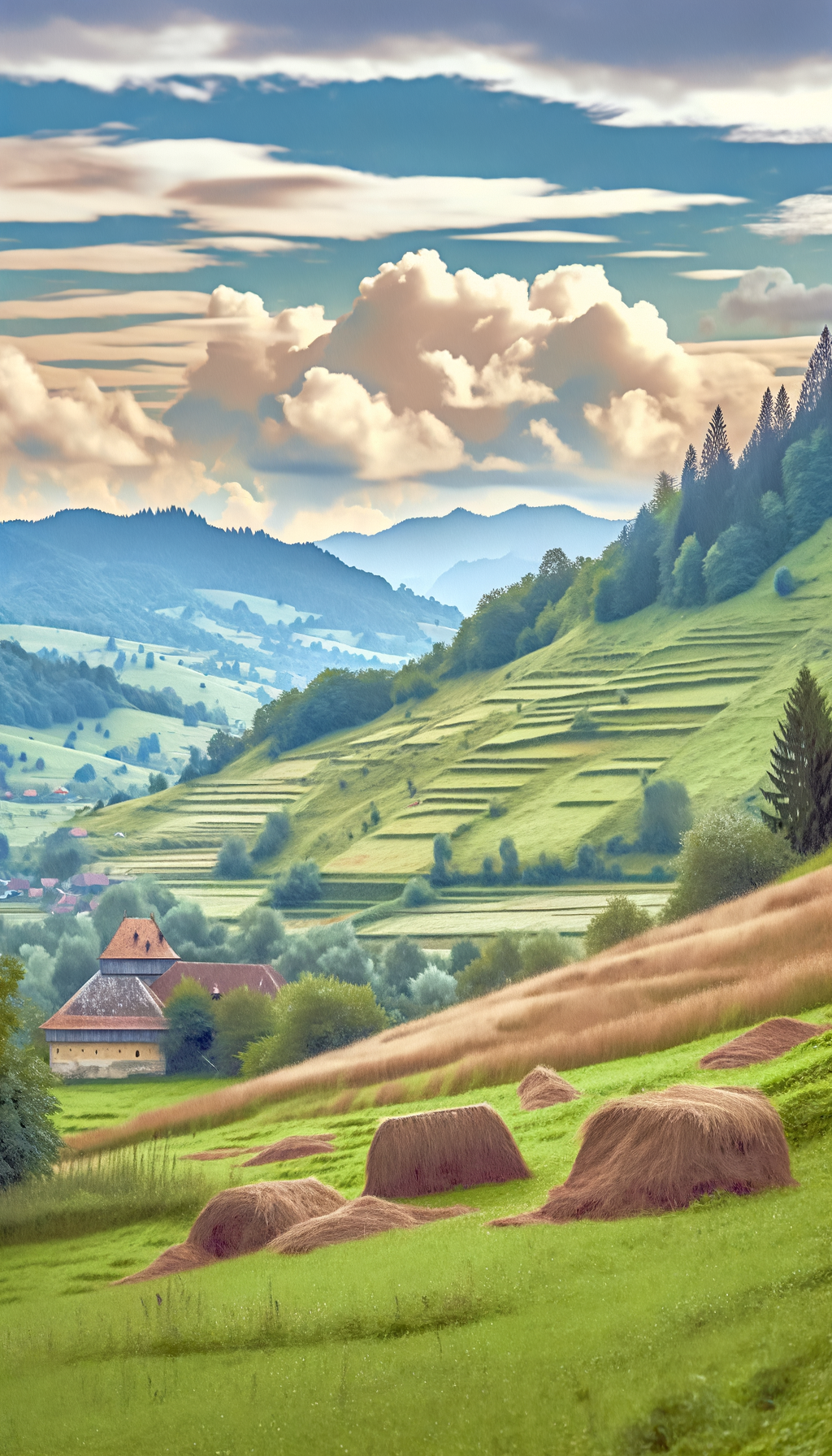 Rolling green and brown mountains under soft clouds