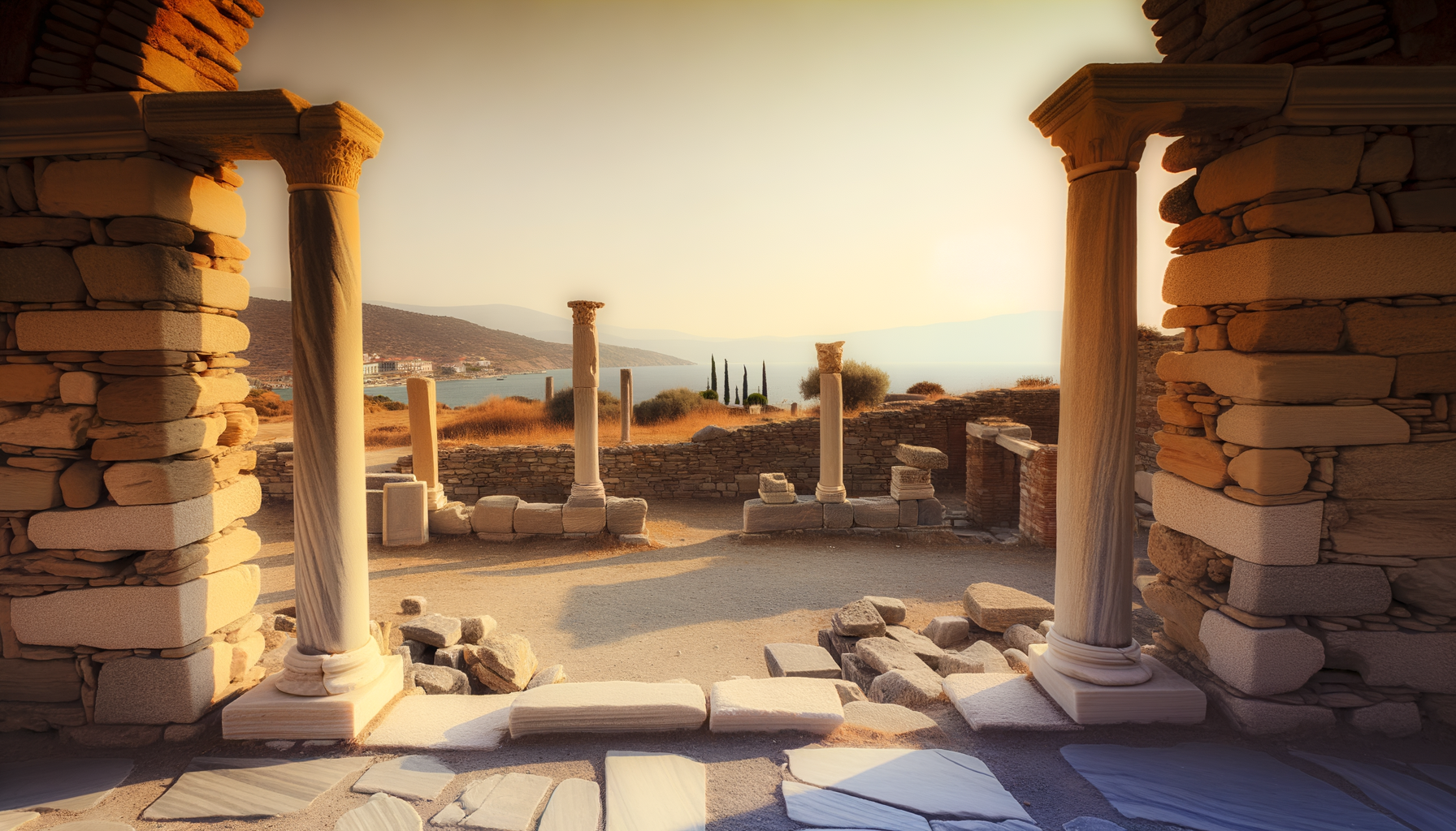 Ancient stone columns and ruins on a sunny day